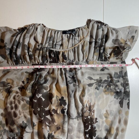 A.N.A. Sheer Top Size XL Gray Brown Cap Sleeve Elastic Waist Scoop Neck - Picture 3 of 13